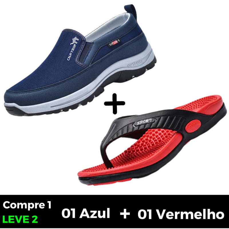 [SUPER KIT ORTOPÉDICO] Tênis Mocassim Ortopédico Antiderrapante UniSex + Chinelo Ortopédico Massageador