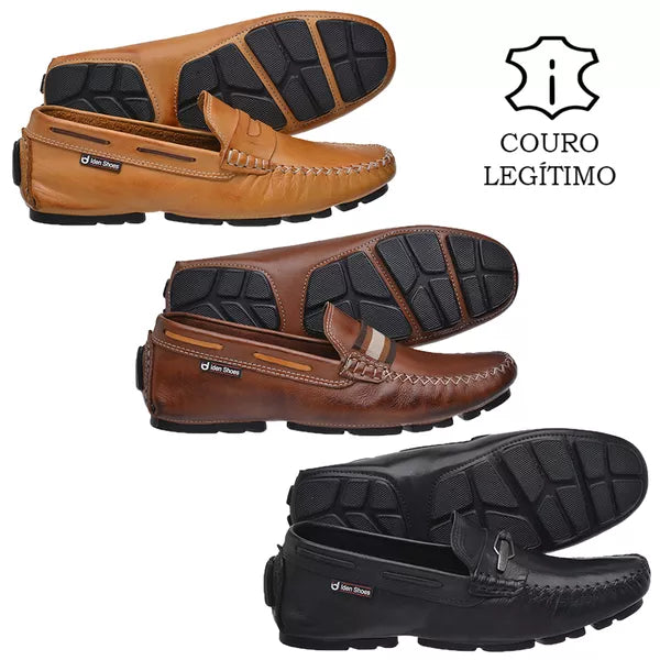 Kit 3 Pares Drive Mocassim Masculino Em Couro Legítimo